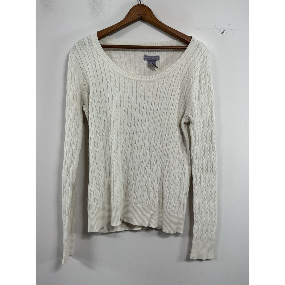 Womans Laura Scott Sweater Long Sleeve Pullover m/M White Scoop Neck